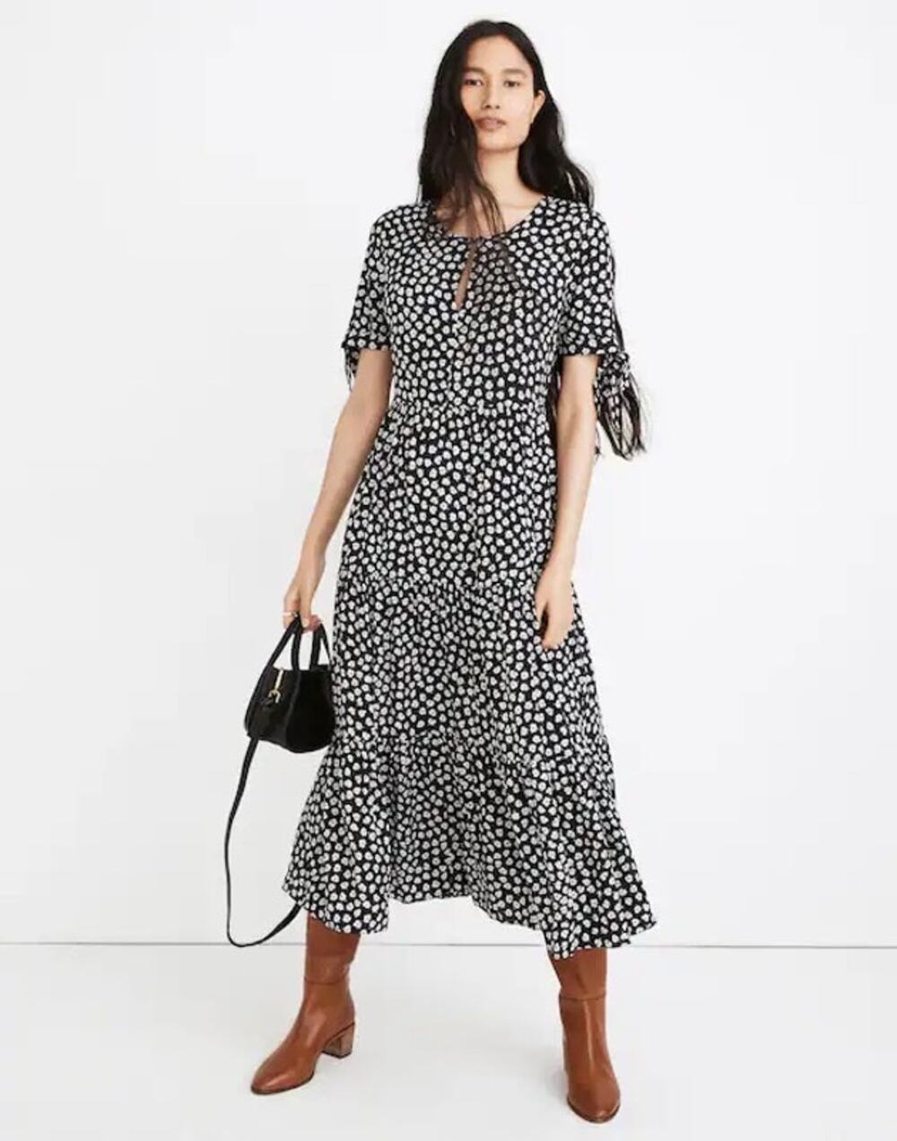 Madewell Tie-Sleeve Tiered Midi Dress in Woodcut Flowers Black Floral Size 00